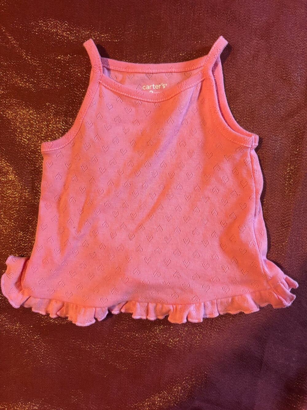 Carters Tank Top Baby Girls 3M Pink Ruffle Hem Heart Eyelet Cotton Sleeveless